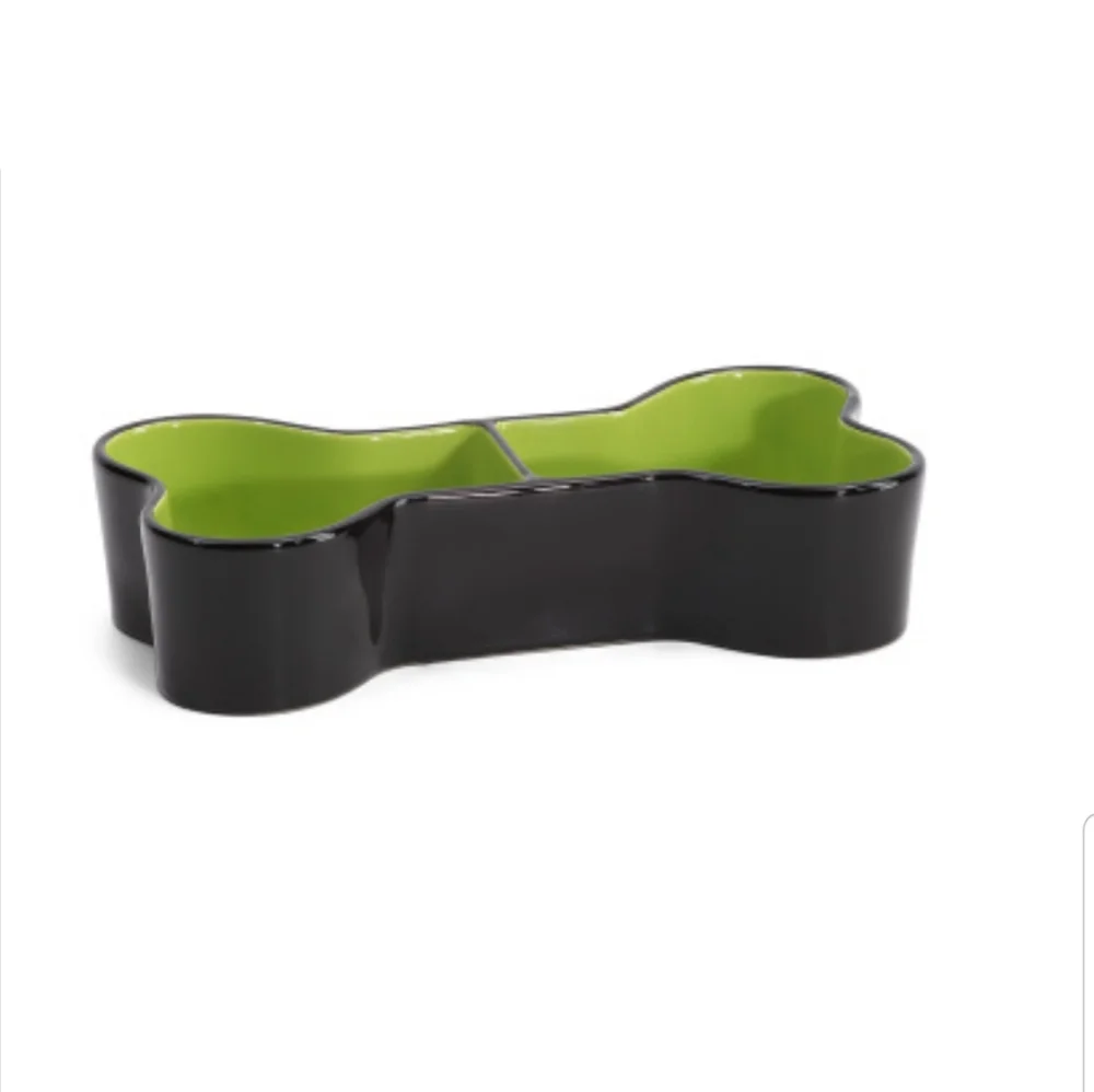 Rae Dunn Brew and Gruel Pet Bowl Bone shape green black
